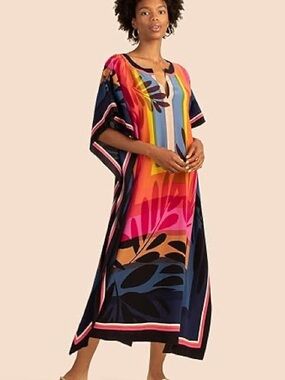 V-Neck Multicolor Floral Caftan Dress - Navy & Pink OS